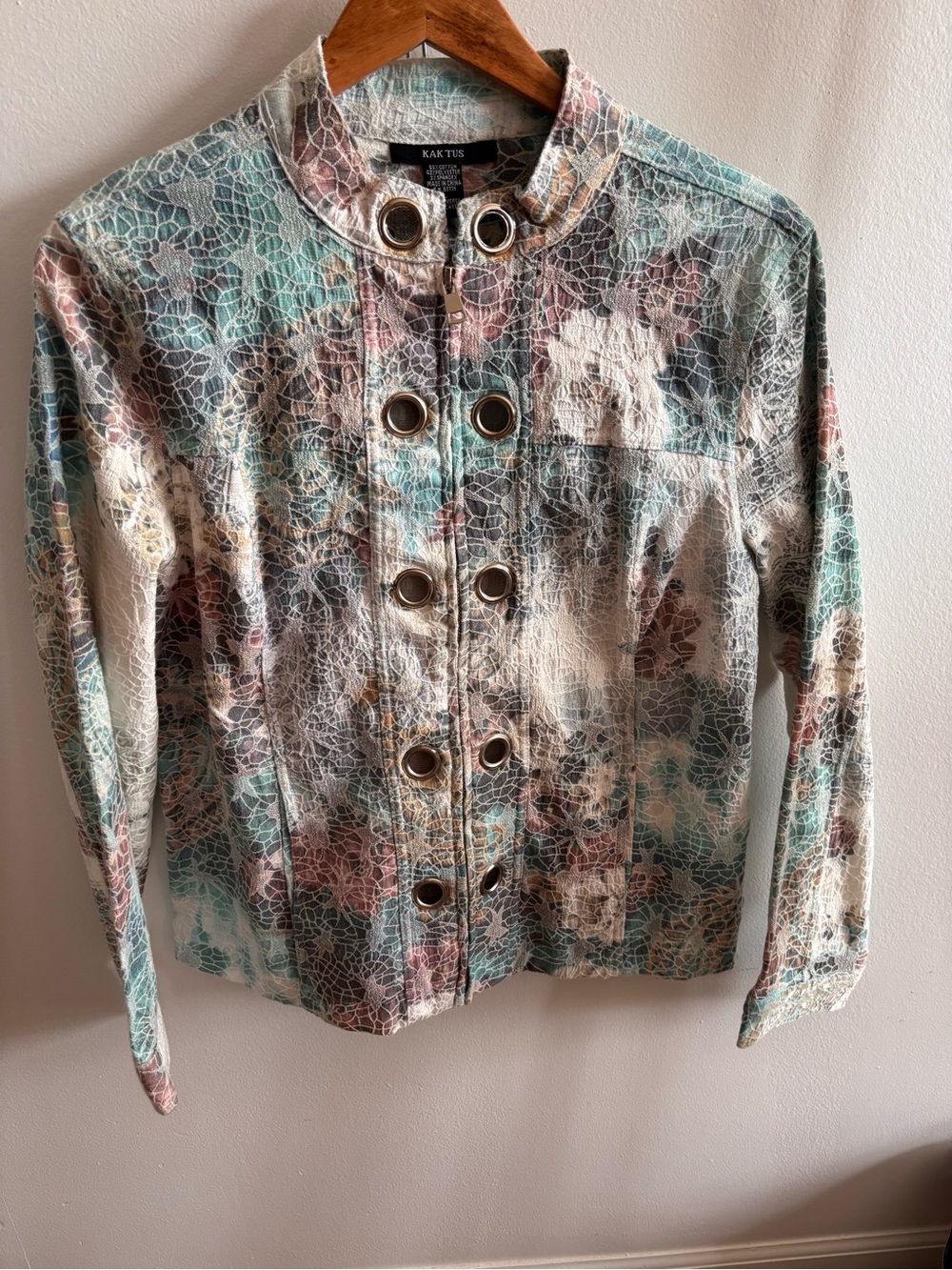 Kaktus Floral Full Zip Jacket Blazer Size Large Multicolored Textured